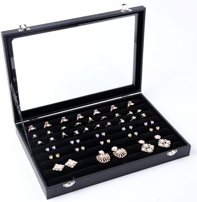 Portagioie In Velluto Nero Con Coperchio In Vetro 35x24 cm